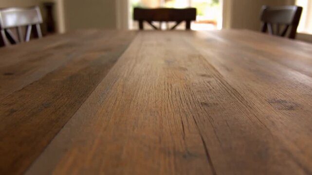 Close-up of a wooden table surface with chairs in the background.