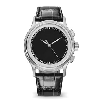 Luxury silver Wristwatch with Black Leather Strap Isolated on White Background
