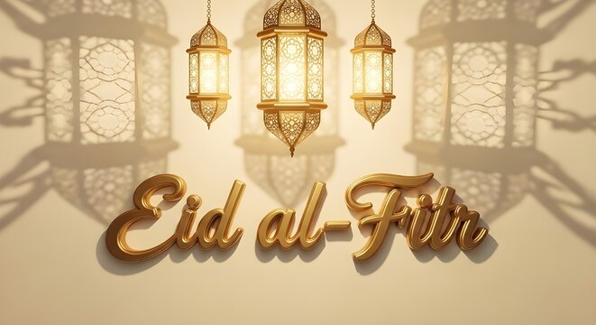 Golden eid al-fitr celebration banner with glowing traditional lanterns and elegant calligraphy