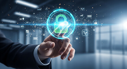 Fototapeta premium Digital security concept with a businessman's hand touching a glowing padlock icon representing data protection and cybersecurity