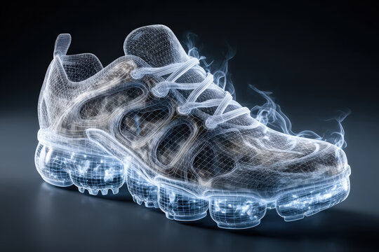 Wireframe Mesh Sneaker Glowing with Smoke on Dark Reflective Surface