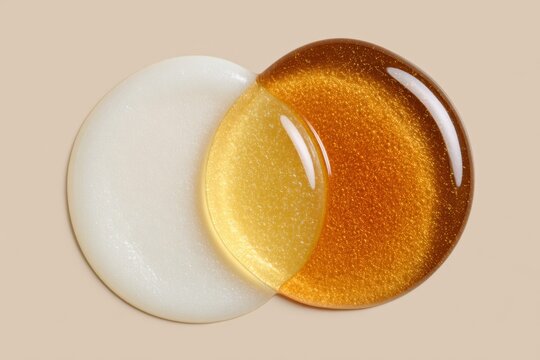 Two glossy liquid circles, one pearly white and one golden, overlap on a neutral surface, suggesting premium serums or oils ideal for modern skincare and beauty branding.