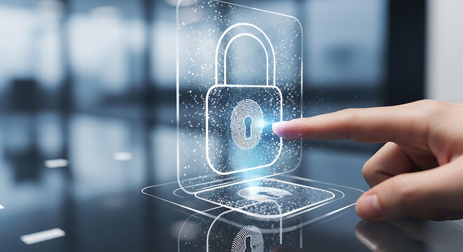 Digital Security and Online Privacy Protection Concept with Glowing Padlock Icon on Futuristic Interface