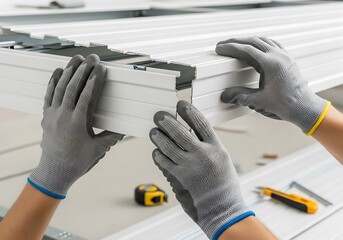 Assembling the aluminium profile by professional workers in a factory
