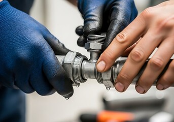 Close-up of a plumber repairing a leaky pipe with gloved hands