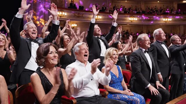 Audience Clapping During Formal Event In Opulent Theatre Interior With Elegant Lighting And Decorated Stage