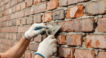 Close-up view of skilled mason worker carefully constructing brick wall