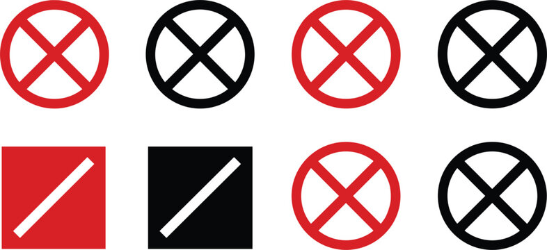 Cross mark and cancel symbol icon set featuring red black prohibition signs vector collection