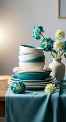 Elegant Turquoise Table Setting with Ceramic Bowls and Hydrangea Blooms