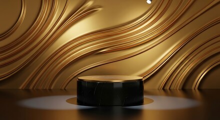 Elegant showcase with black pedestal and golden fluid patterned background