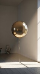 Elevated golden balloon in a minimalist space bathed in sunlight