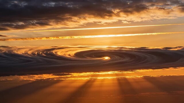 Swirling spiral clouds lit by golden sunset rays with airplane vapor trails