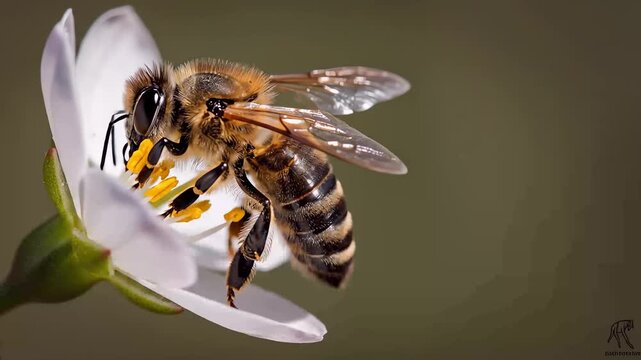 Honey Bee Collecting Pollen From Delicate White Flower Blossom.