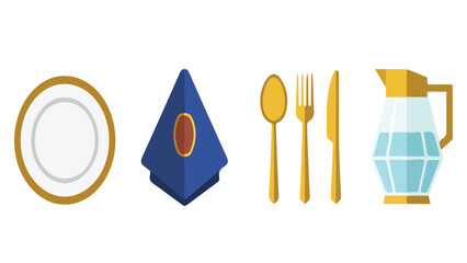 Elegant Iftar Dining Table Setting Icon Set, Plate Cutlery Napkin Pitcher Collection Illustration