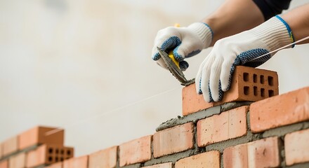 Focused bricklayer carefully constructing a sturdy brick wall indoors