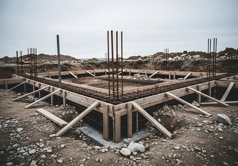 Foundation Construction Scene Showing Wooden Framing and Reinforcing Steel