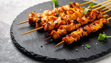 Close-up view of freshly grilled chicken skewers presented on black slate plate garnished with herbs highlighting rich color juicy texture and cooked surface detail