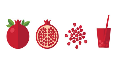 Red Pomegranate Fruit and Juice Icon Set, Whole Cut Seed Drink Collection Illustration