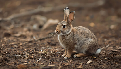 Brown wild rabbit sitting in green grass field surrounded by nature