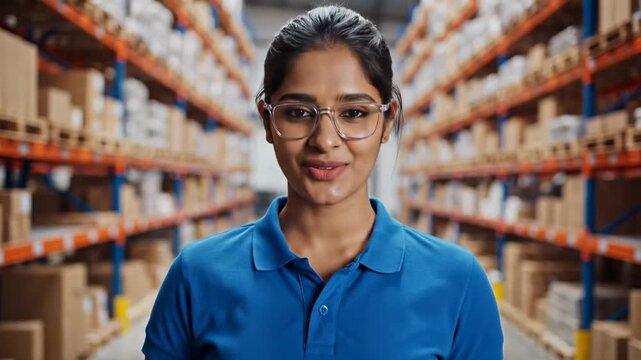 Smiling Woman Wearing Blue Polo Shirt and Glasses Holds Tablet in Warehouse Aisle with Shelves of Boxes
