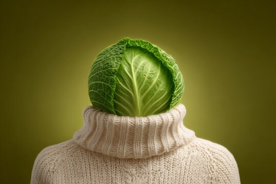 Bizarre surreal portrait of cabbage-head in sweater on green background