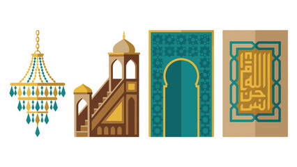 Mosque Interior Design and Furniture Icon Set,  Chandelier Minbar Mihrab Calligraphy Collection