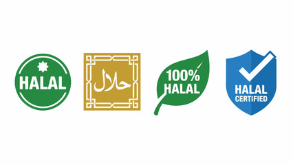 Halal Food Certification Stamp and Seal Icon Set, Islamic Dietary Standard Label Collection