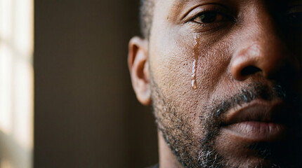 Fototapeta premium Close-up of sad young adult african american man crying with a tear rolling down his face