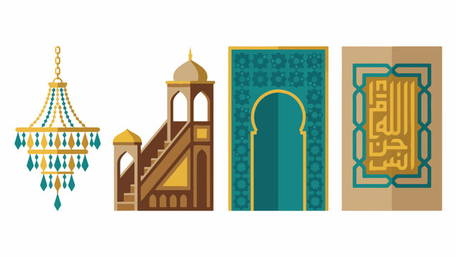 Mosque Interior Design and Furniture Icon Set,  Chandelier Minbar Mihrab Calligraphy Collection