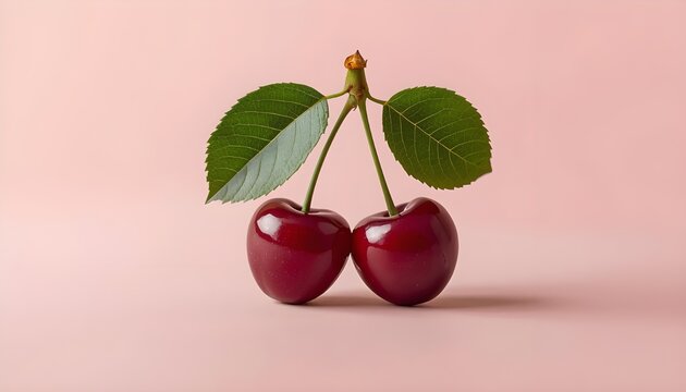 two cherries forming heart shape with leaves soft matte background natural dayli.
