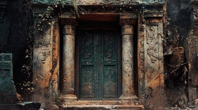 A large stone door with a green frame