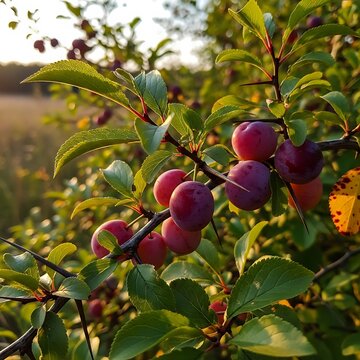 Close-up of ripe plums on branches with sunlight filtering through leaves
