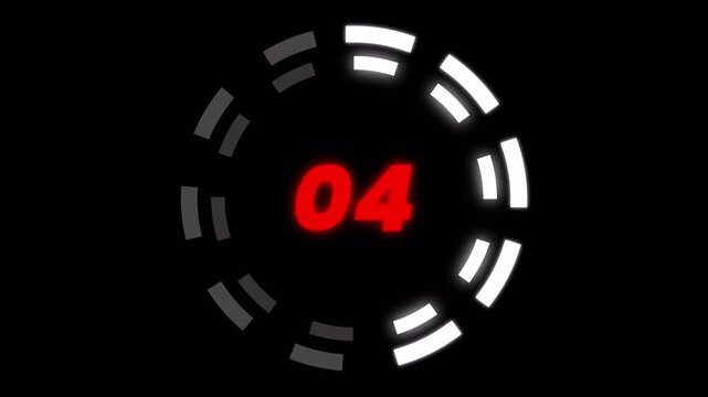 Segmented circular HUD loader with red number 04 center, rotating dashed ring progress indicator, futuristic tech countdown interface animation on black background, 4k video