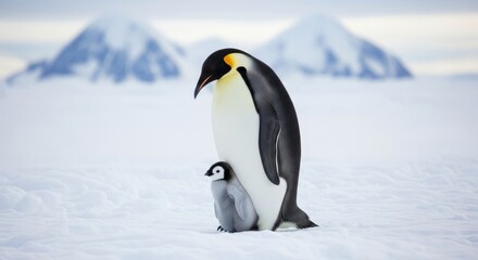 Obraz premium Penguin standing on icy Antarctic landscape, showing black and white plumage and upright posture. A flightless seabird adapted to cold marine environments.
