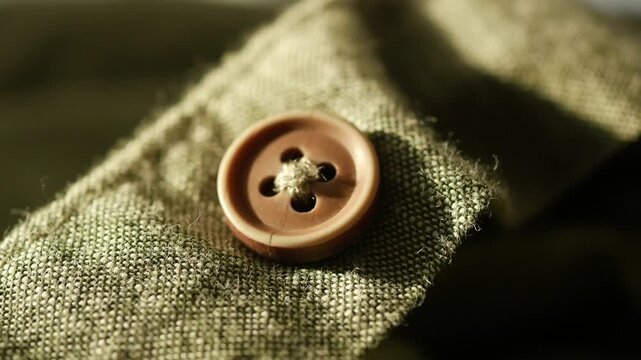 Close up of a brown button on green fabric