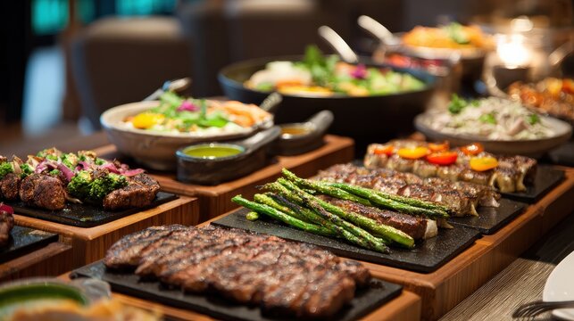 A variety of grilled meats and vegetables are served on wooden boards, accompanied by fresh salads and sauces in a vibrant buffet setting.