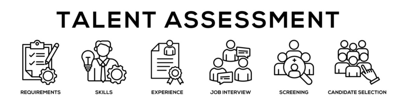 Line - Talent Assessment web banner icon vector illustration concept for business with icon of requirements, skills, experience, job interview, screening, Candidate.