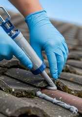 Professional Homeowner Repairs Roof Tiles with Sealant Application