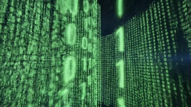 Binary code streams flowing down a digital tunnel with green glowing numbers and symbols from a futuristic viewpoint