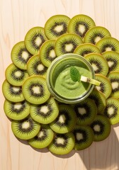 Refreshing kiwi smoothie with mint garnish surrounded by kiwi fruit slices