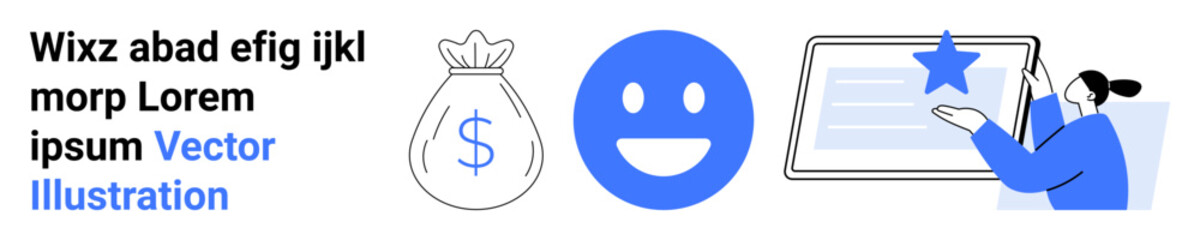 Fototapeta premium Financial planning, customer experience, user interface, digital interaction, online services, business growth. Icons of a money bag, smiling face and person interacting with a screen. Financial