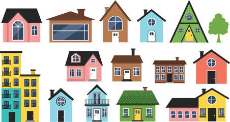 Colorful house and residential building icon set isolated on white background flat vector illustration collection for design
