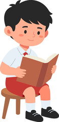 Young boy sitting on a wooden chair, reading a book, suitable for educational and children's content.