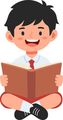 Illustration of a boy happily reading a book, suitable for educational and children's content.