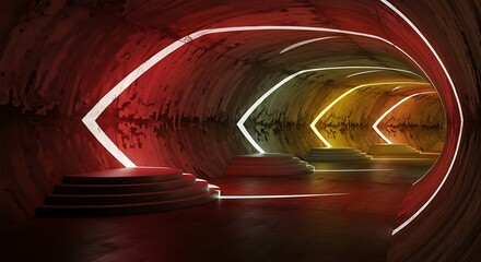 Subterranean corridor with luminous chevrons and elevated platforms