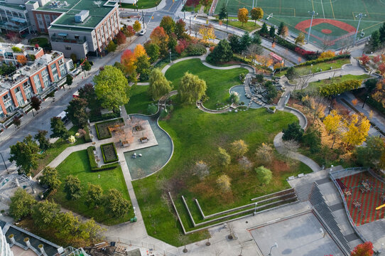 Canada, BC, Vancouver.  Andy Livingstone Park.  Overhead view of small urban park.  