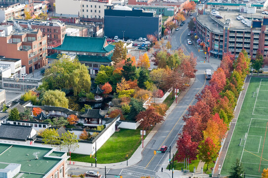 Canada, BC, Vancouver.  Overhead view of Keefer Street, beside Sun-Yat Sen Classical Chinese Garden