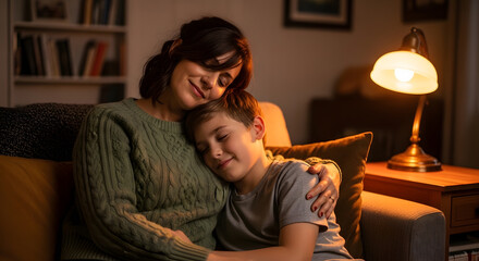 Obraz premium A peaceful moment of a mother embracing her young son while relaxing together on a couch under warm lamp light