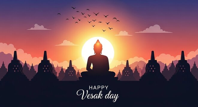 A serene sunset silhouette of the Borobudur temple stupas and a meditating Buddha statue, with birds flying across a vibrant orange and purple sky for Vesak Day.