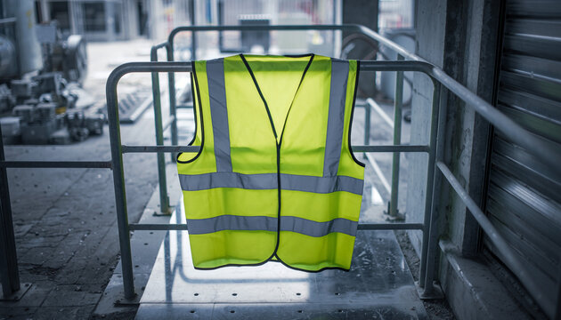 High visibility safety vest hanging on industrial railing